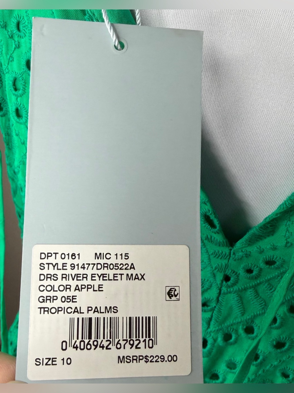 NWT Antonio Melani River Eyelet Maxi Dress Size 10 Apple Green Tropical Palms - Picture 6 of 7